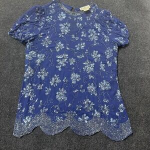 Jack Bryan Shirt Womens 18 Blue Beaded Sequin Floral Short Sleeve Scalloped Hem